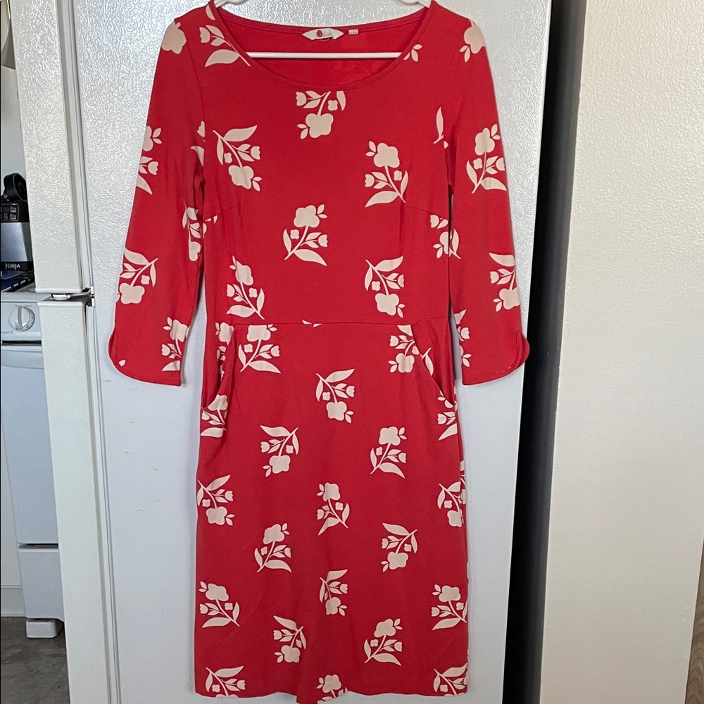 Boden US Size 4 Red Cotton Modal Blend 3/4 Sleeve Floral Dress Pockets‎ Comfort